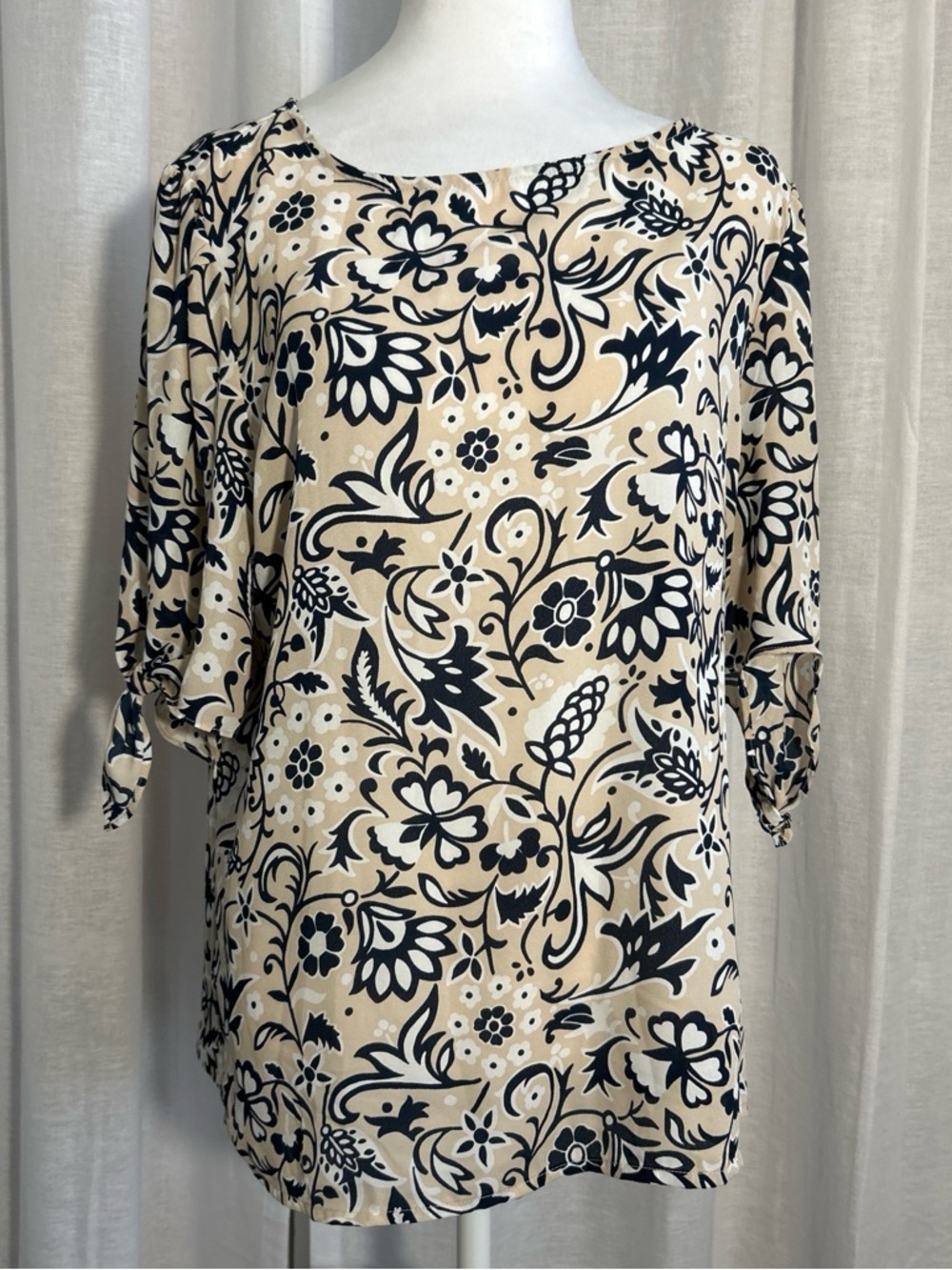 Ann Taylor Beige Floral Tie-Sleeve Blouse with Black Print